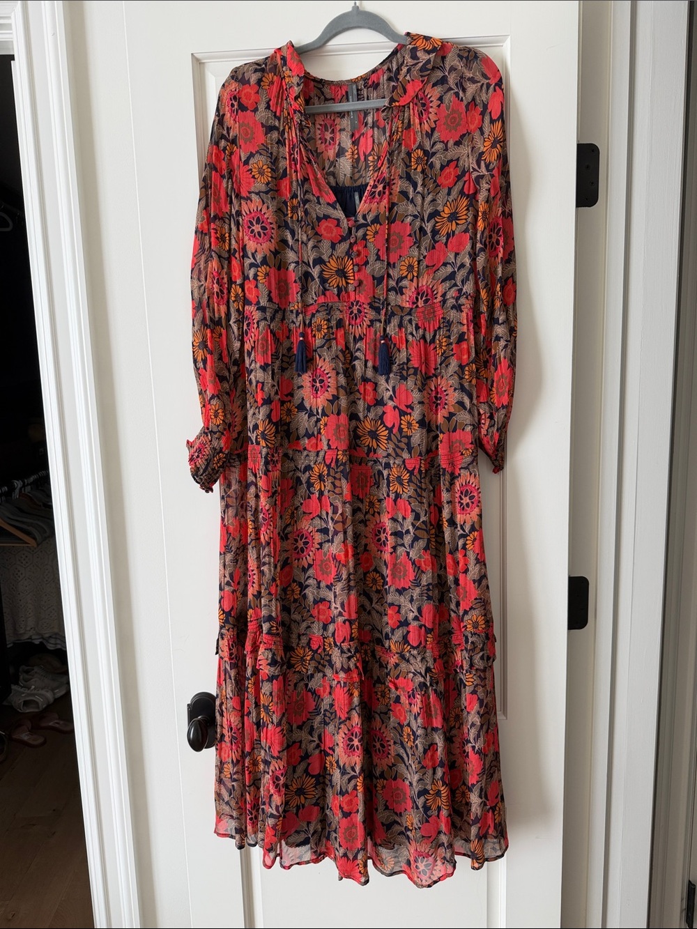 Anthropology Floral Long Sleeve Red Boho Midi Dress